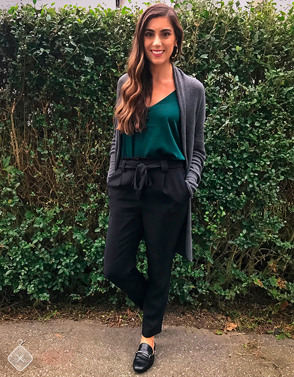 Black Belted Pants With Green Top & Grey Cardigan! Loving this .