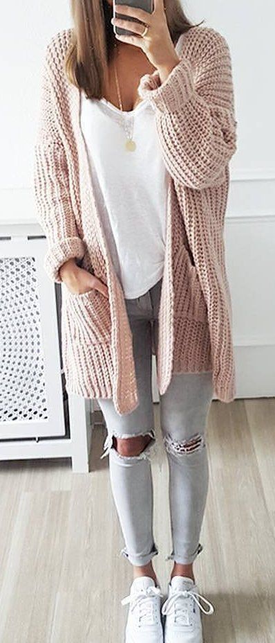 cute #outfits Pink Cardigan // White Top // Grey Destroyed Jeans .