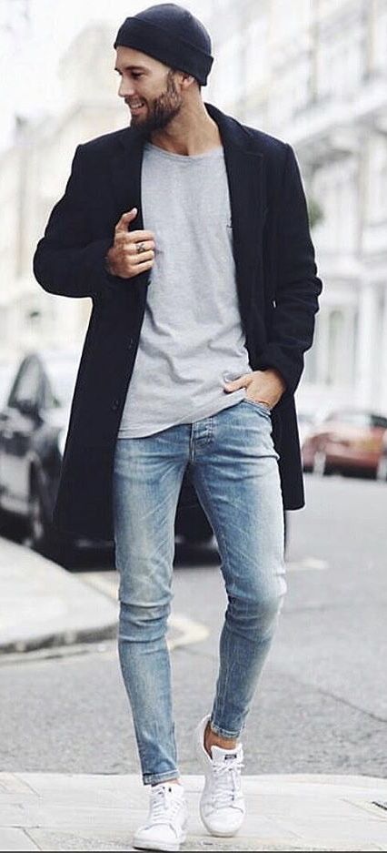 Fall outfit inspiration with a black beanie black topcoat gray .
