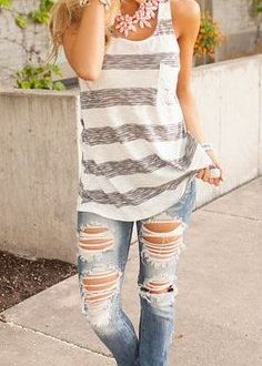 Summer outfit ideas 2016, striped top and ribbed jeans. | Fashion .