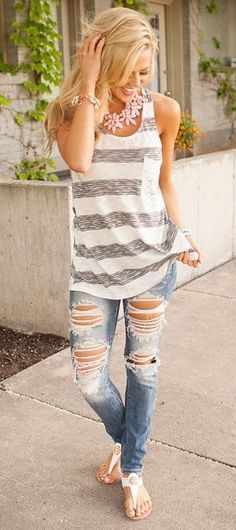 Summer outfit ideas 2016, striped top and ribbed jeans. | Fashion .