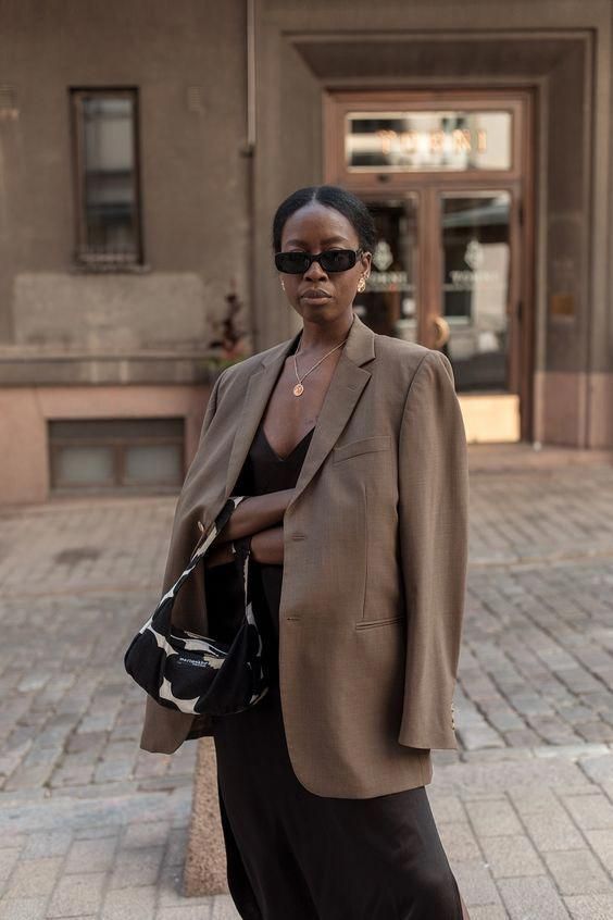 Brown oversized blazer with black slip dress #Frenchstyle in 2020 .