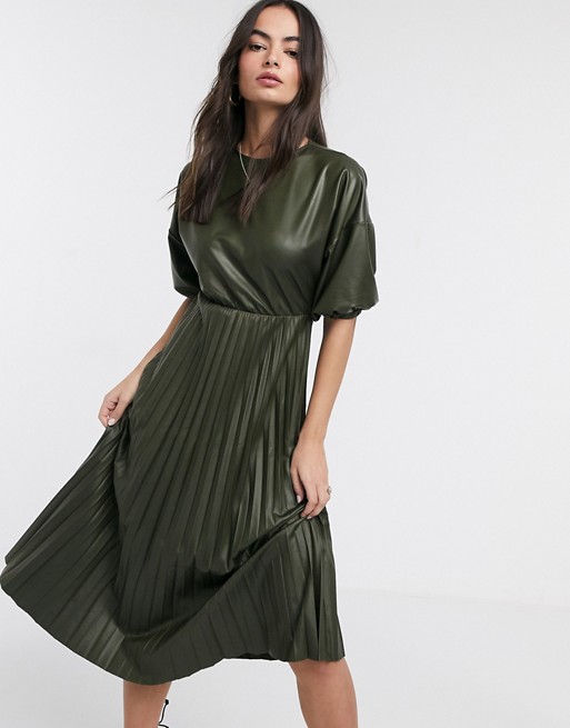 ASOS DESIGN leather look midi pleated dress in khaki | AS