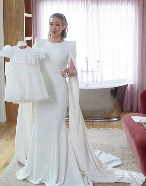 Hilary Duff Inspired White Mermaid Wedding Dress with Cape-sleeves .