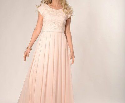 A modest lace bodice with a scoop neckline and cap petal sleeves .