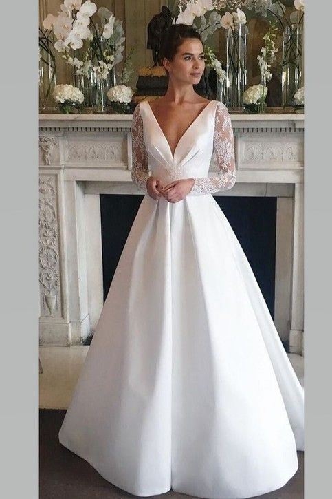 Deep V-neckline Satin Wedding Gown with Sheer Lace Sleeves in 2020 .