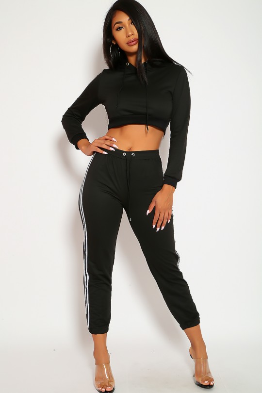 Sexy Black Two Piece Outfit Crop Top Sweater High Waist Pants .