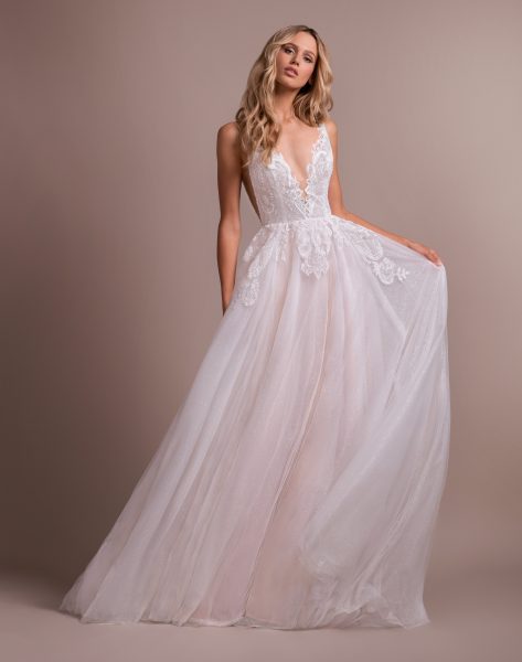 Deep V-neck Lace Detailed Bodice A-line Wedding Dress | Kleinfeld .