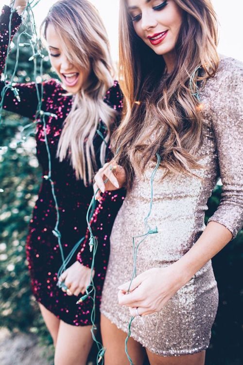 New year holidays party outfit // short glitter dress fashion .