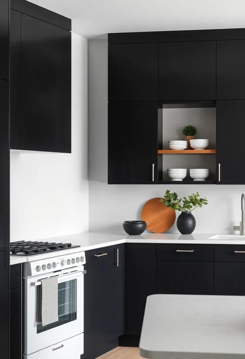 Showcasing Open Shelving Alongside Black‍ Cabinets for Style