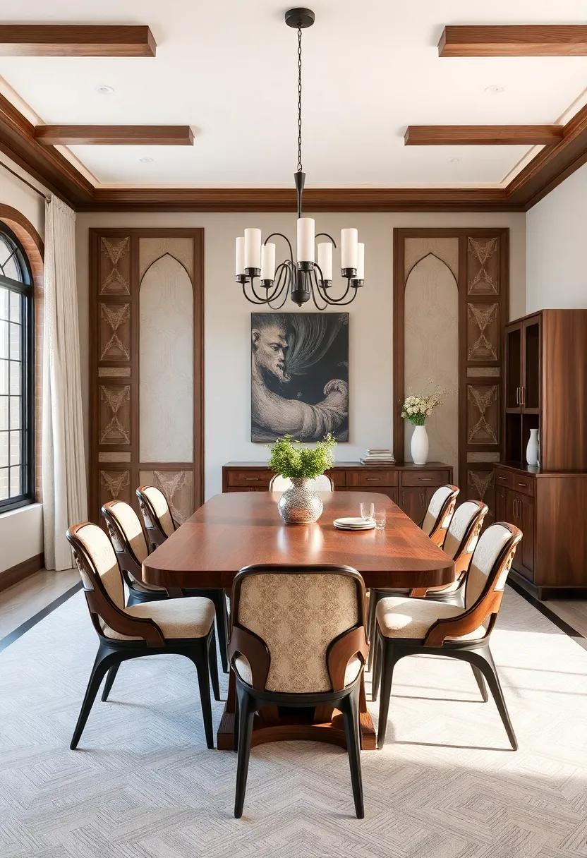 Rich Wood Accents: Opt‍ for rich mahogany or walnut dining tables ‌that showcase intricate ⁢carvings,‍ providing ⁣a warm and inviting contrast to the sleek metal ‍elements typical of Art Deco⁤ style