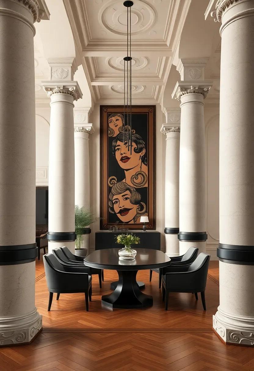 Architectural Columns: Feature architectural columns in your dining room design to evoke grandeur⁤ and a sense of‍ historical depth, reminiscent of classic Art Deco ⁤structures