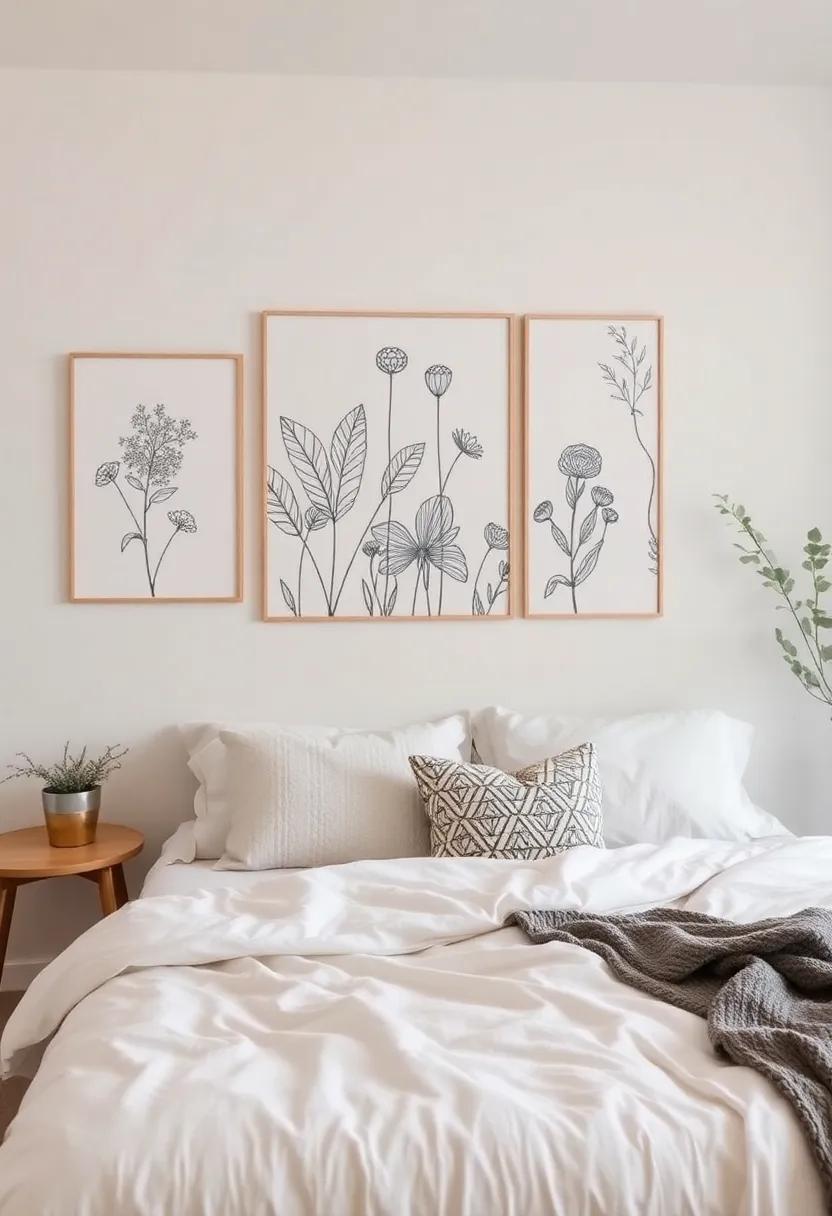 Minimalist Botanicals: Feature minimalist line drawings ⁣of ⁢plants among ‌more intricate pieces for a fresh,‌ balanced look