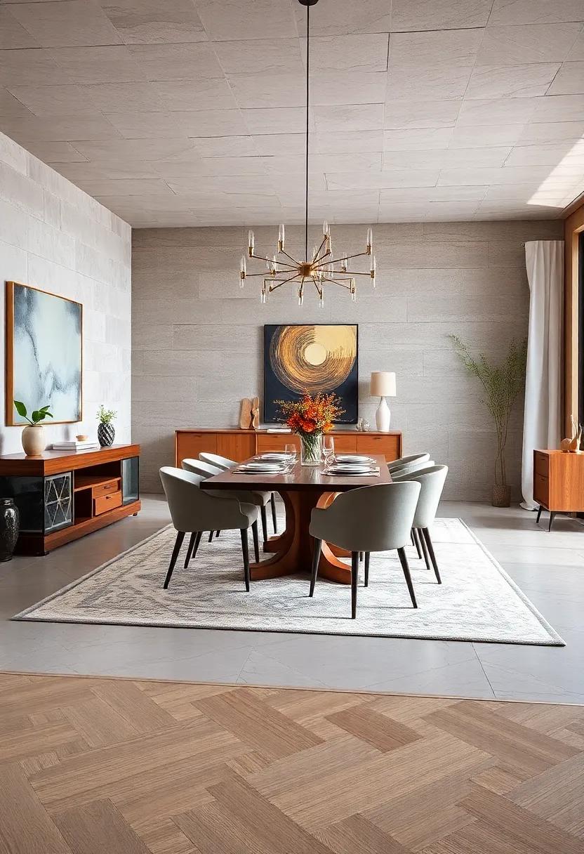 Layer cozy,oversized area rugs to create a welcoming atmosphere while defining your dining space