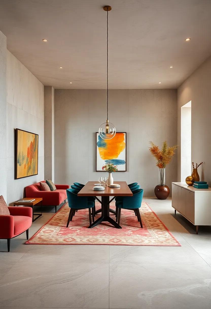 Play with bold colors in your rug selection to create a vibrant contrast against neutral flooring