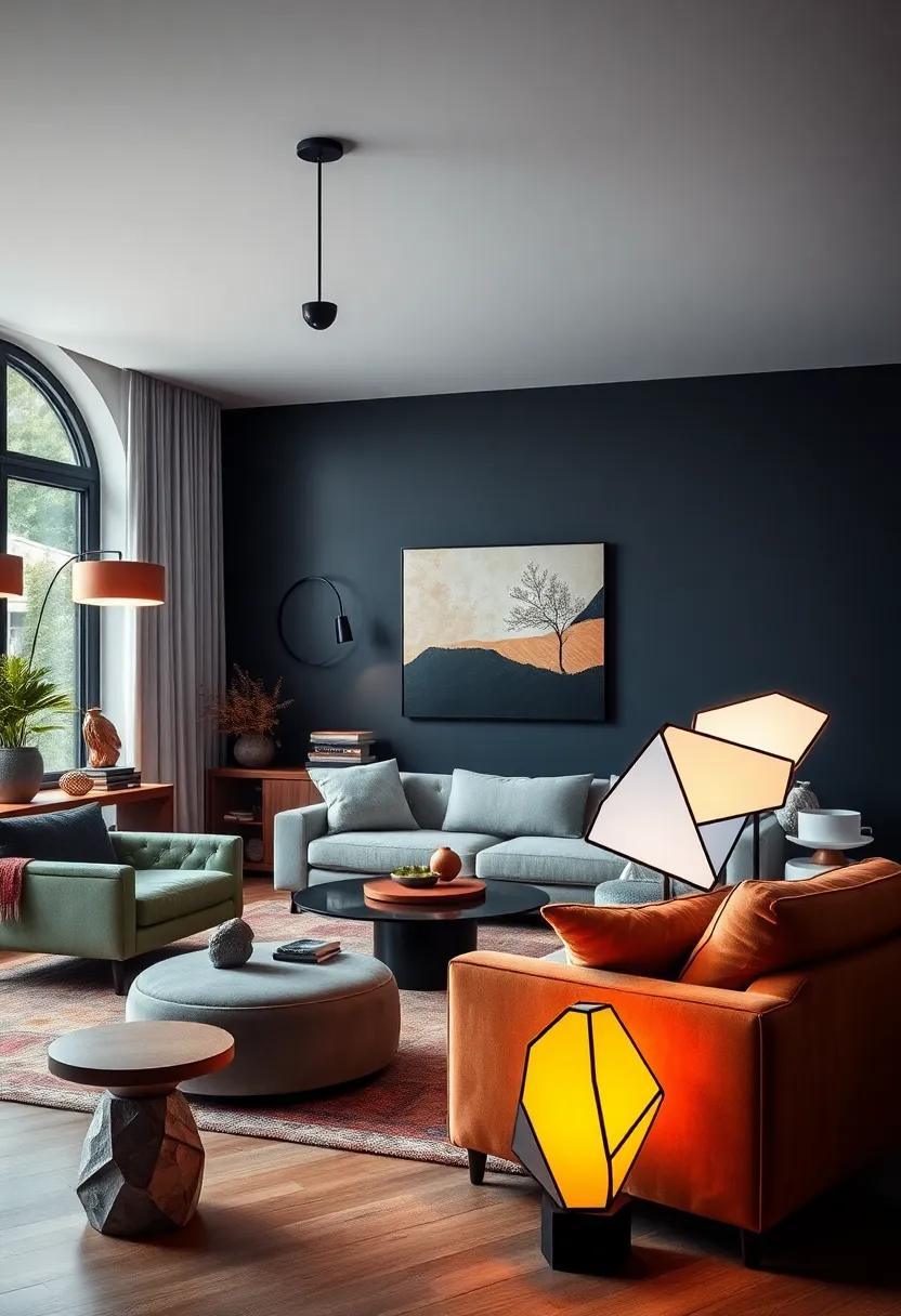 Geometric‌ Floor Lamp – Make a bold ⁤statement with a sculptural floor ‌lamp featuring geometric ⁣shapes, combining ⁤functionality with artistic flair for⁢ any corner ‍of your living⁢ room
