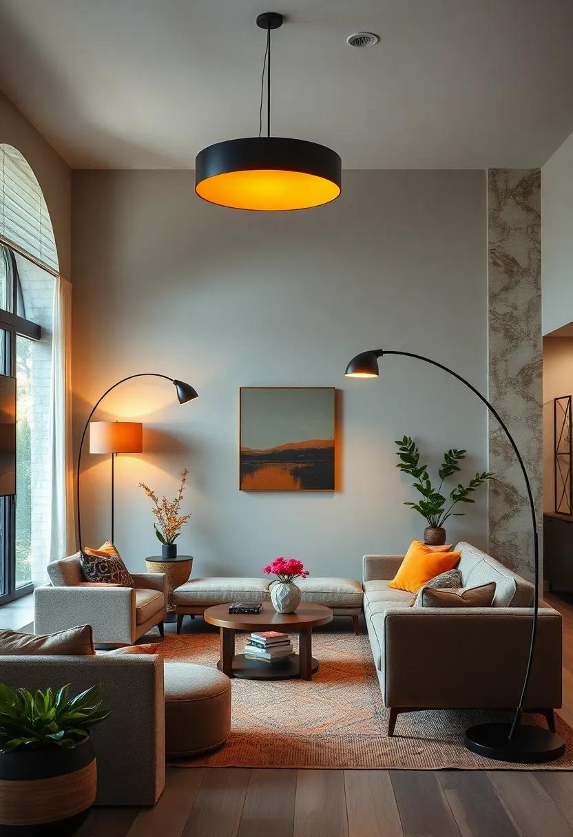 Sculptural Arc Floor Lamp – Add sophistication‌ with a sculptural arc floor lamp ‍that bends gracefully‍ over⁤ your seating area, serving both as a light ⁣source and artistic element