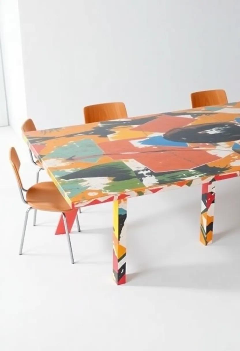 Artistic Fusion: ​A colorful​ painted table with a mixed media ⁢design, intended to become a‍ conversation starter while showcasing creativity in your dining area