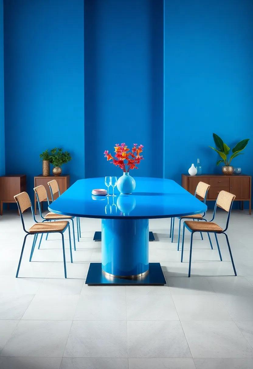 Bold color Statement: A vivid blue lacquered ​table​ that transforms your dining⁢ space into a vibrant, lively setting, perfect for lively ​conversations with friends and family