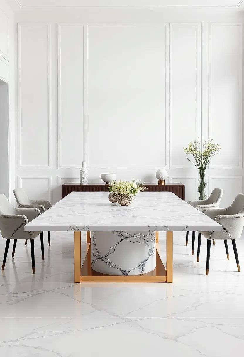 Luxurious Marble: an⁢ extendable table⁢ with a polished marble‍ top and‍ brass details, exuding sophistication and elegance in ⁣a formal dining room setting