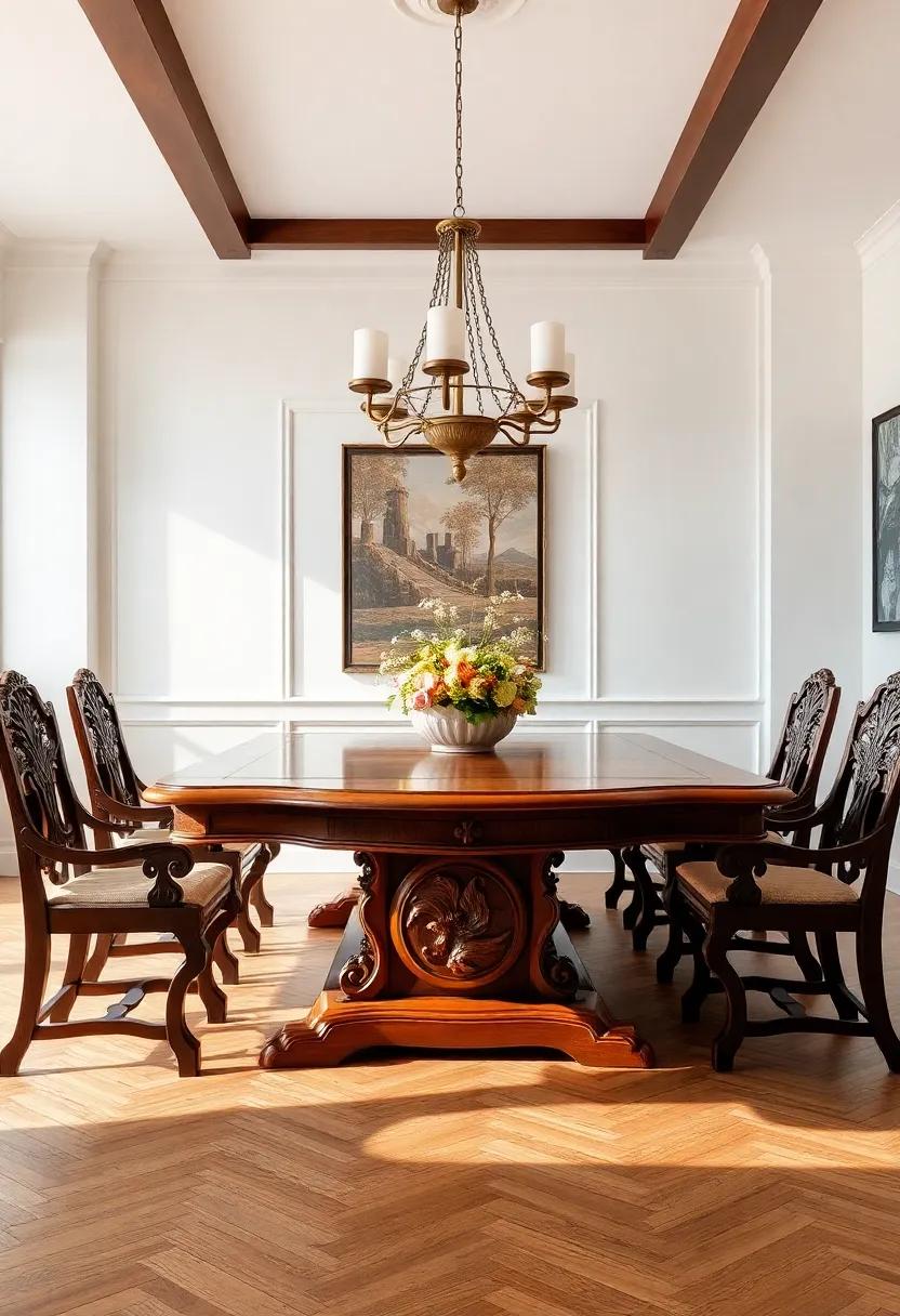 Traditional Touch: A refined cherry wood table with ornate carvings and antique finish, ensuring your dining experience is steeped in history and sophistication