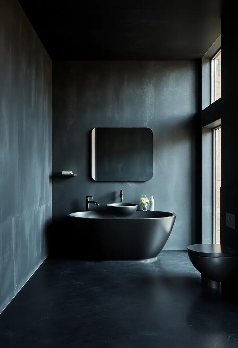 Embrace Black Concrete:‌ A spacious bathroom with ​black concrete walls and floors creates a ‍dramatic ‍yet minimalistic ⁤backdrop​ that pairs beautifully with industrial fixtures
