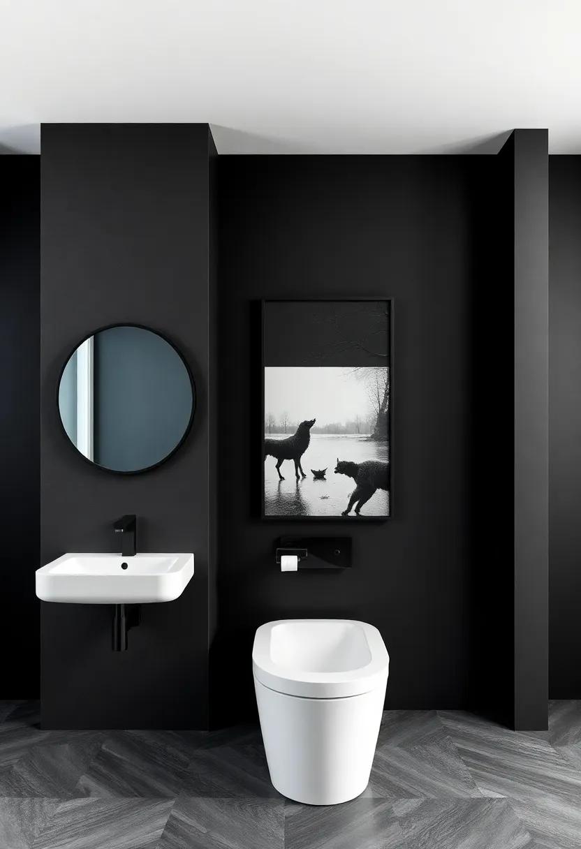 Statement​ Artwork: ⁢Hang ‌large-scale industrial-inspired​ artwork ​or​ black and white photography ⁢to infuse character​ and personal style​ into⁣ your dark-toned bathroom