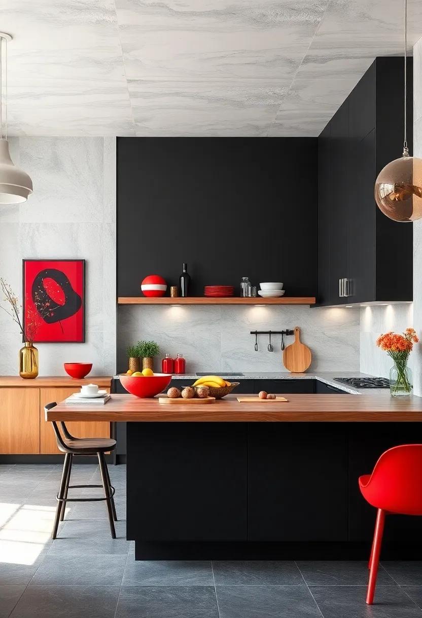 Bold Charcoal and ‍Fiery Red: Make‌ a statement⁤ with dark charcoal‌ walls contrasted by vibrant ⁤red​ accents, perfect​ for chefs who love a ​dynamic environment