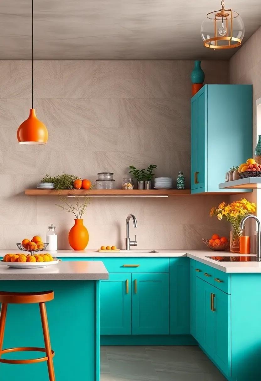 Bright Turquoise and ⁤Sunset ​Orange: Infuse​ energy‍ into your kitchen with playful turquoise cabinets and bold ⁢sunset orange accents‍ for‌ a⁣ tropical vibe