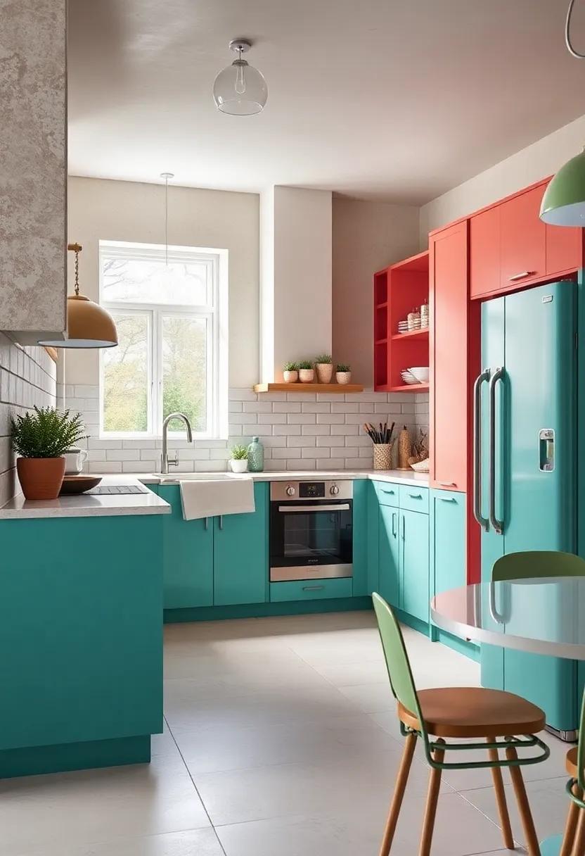 Coral and Teal: Energize your ⁢kitchen with coral ​cabinetry‌ accented by playful teal elements for‌ a ⁣vibrant,⁢ lively cooking space