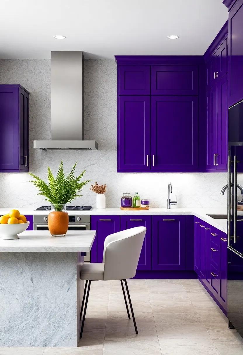 Royal Purple and Crisp White: Indulge in luxury​ with regal purple cabinets juxtaposed against ‌crisp⁢ white⁤ elements for a striking ⁤yet elegant⁣ kitchen
