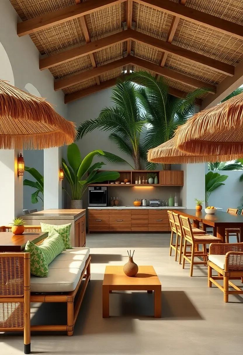 Design a tropical paradise with bamboo bar seating and thatched umbrellas, perfect for creating a laid-back atmosphere while enjoying drinks and snacks