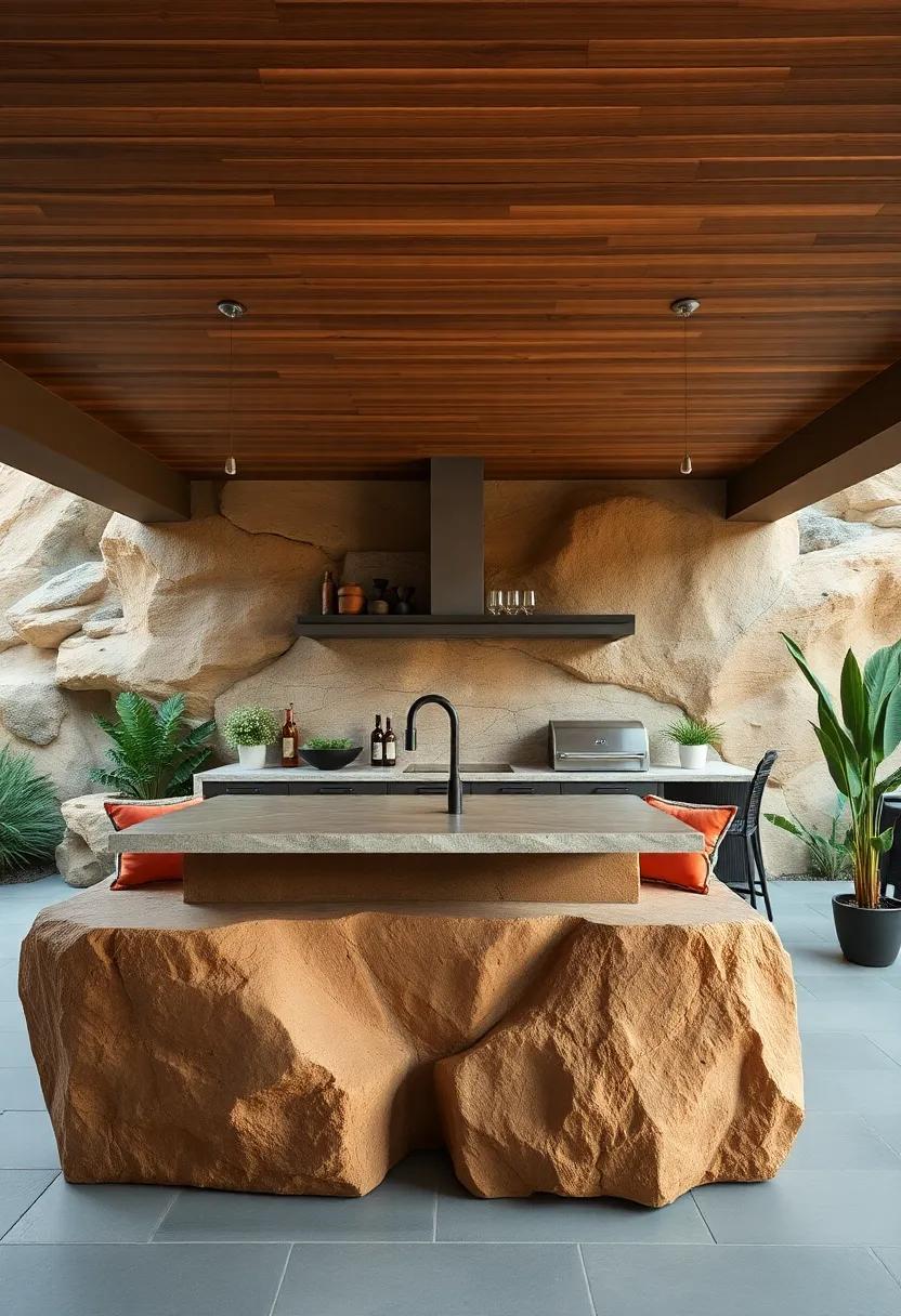 Design a canyon-themed outdoor kitchen with a bar fashioned from natural boulders, blending seamlessly with the rugged terrain ​for a stunning backdrop
