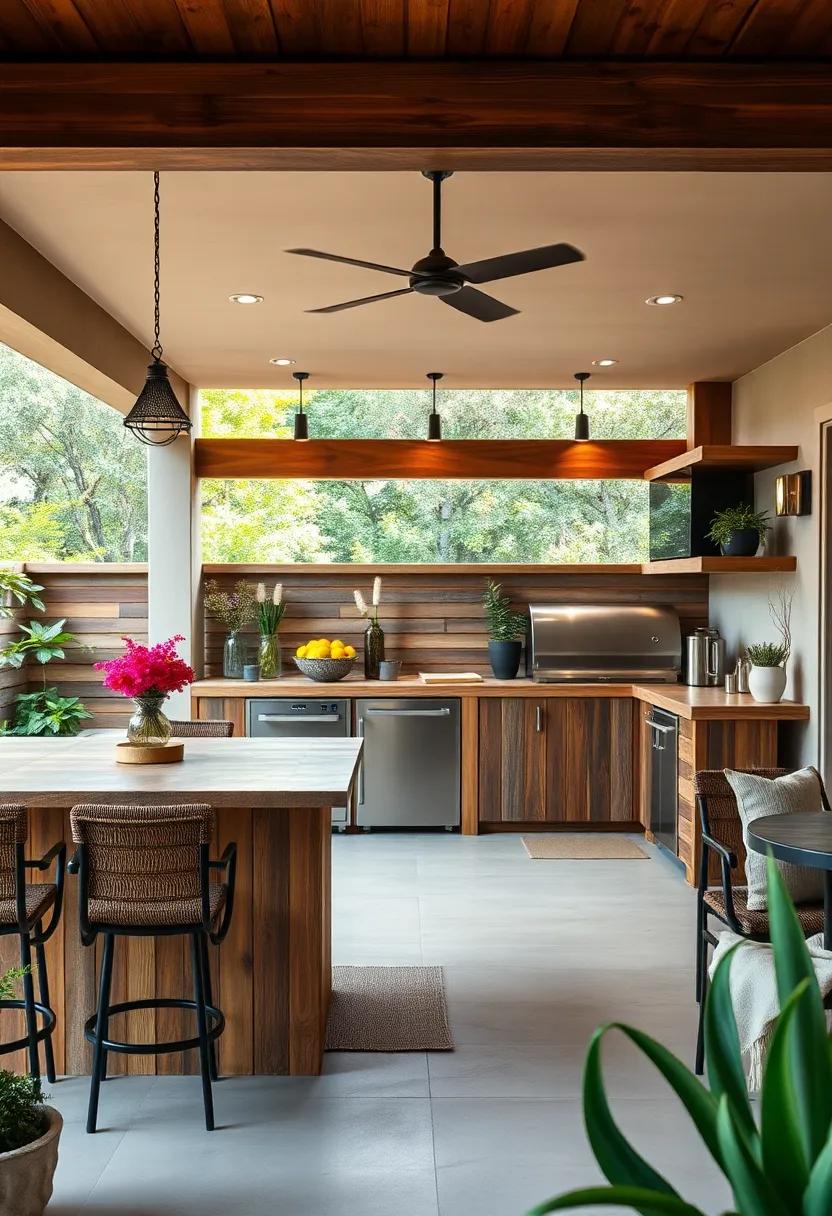 Embrace ‌rustic charm with a reclaimed wood bar that blends​ perfectly with nature in your outdoor kitchen, providing a warm and inviting atmosphere for‌ gatherings