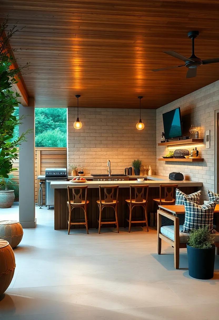 don’t forget to add an outdoor projector for movie nights, transforming your kitchen bar into a dynamic entertainment center that guarantees unforgettable​ summer evenings