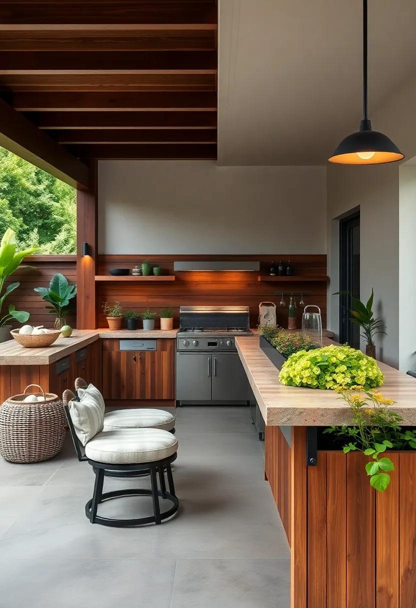 Go green with an outdoor kitchen‍ bar that includes built-in planters featuring seasonal herbs and veggies, allowing you to add fresh ingredients to your meals effortlessly