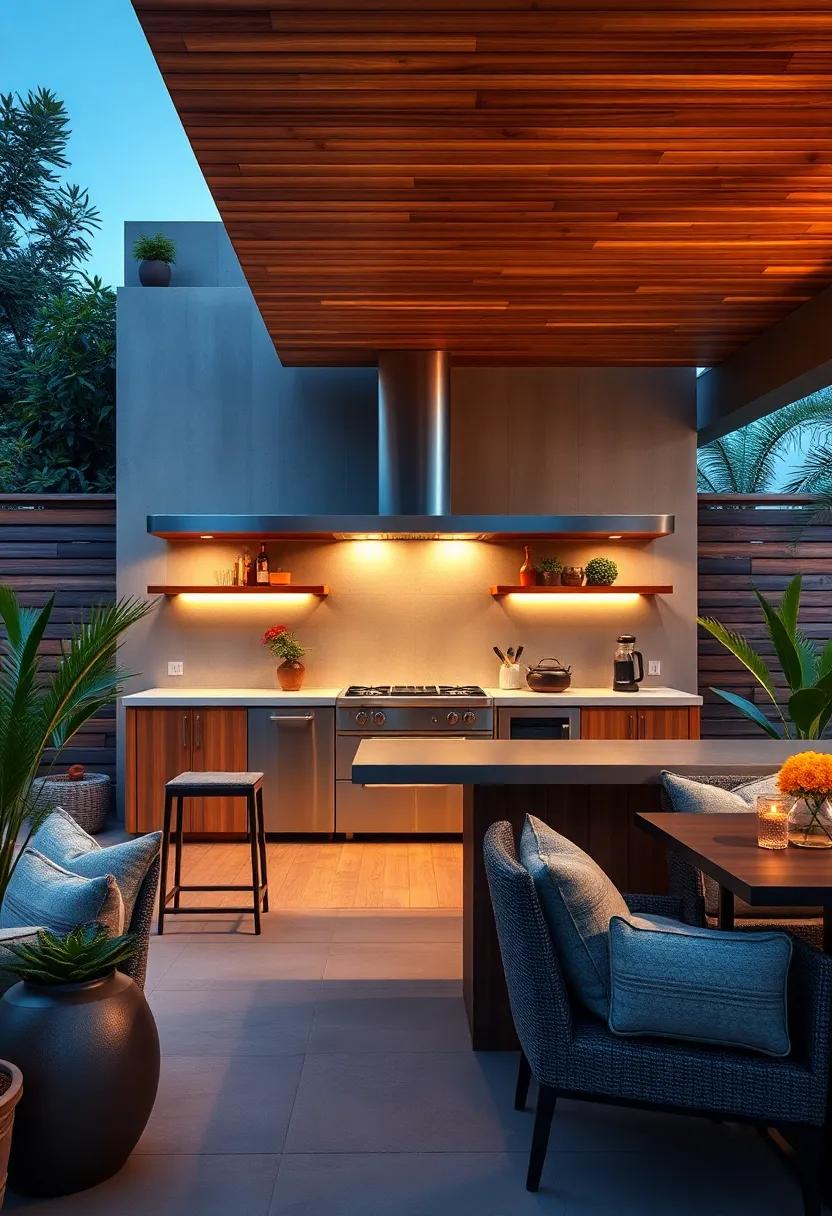 Opt for an elegant, modern stainless-steel bar setup, featuring sleek lines and a ​minimalist design that elevates your outdoor cooking experience