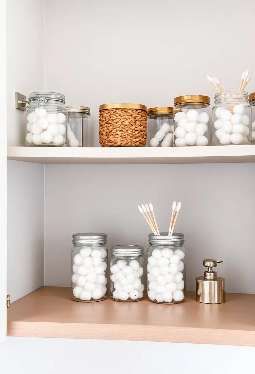 Choose clear jars for storing cotton balls and swabs on open shelves, bringing a stylish and organized feel to your space