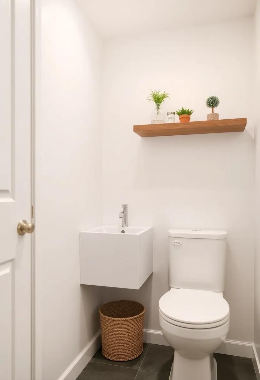 Incorporate floating shelves above the toilet to store decorative items and essentials without sacrificing floor space