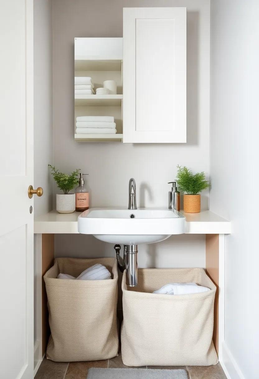 Install fabric bins‌ under the sink for a soft, organized look that hides away cleaning supplies and extra toiletries