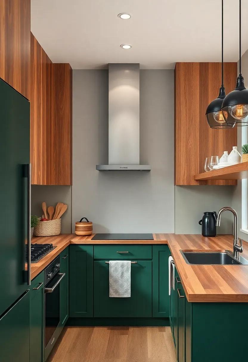 Using Warm Woods to Create Depth alongside Green cabinets