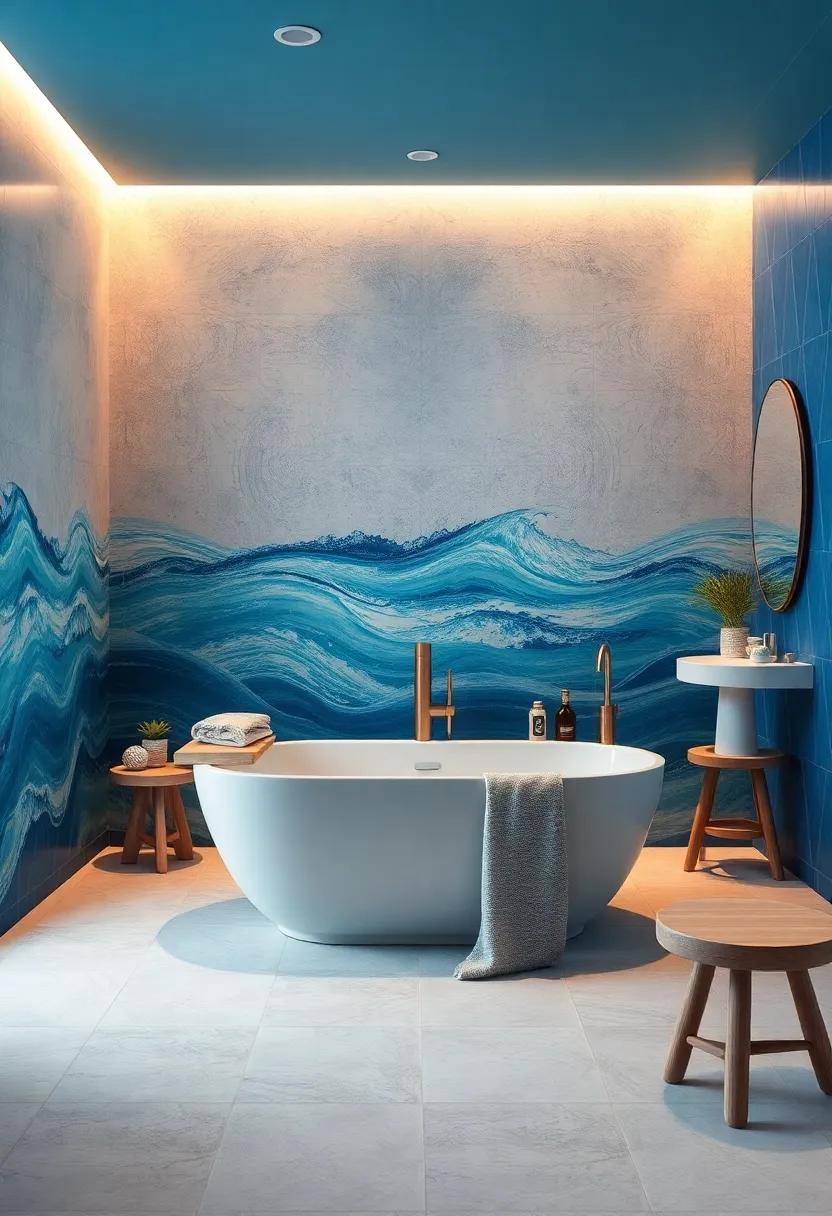 Aquatic Escape: Create a blue-themed bathroom with a pristine‍ bathtub⁢ that mirrors the calmness of ocean waves