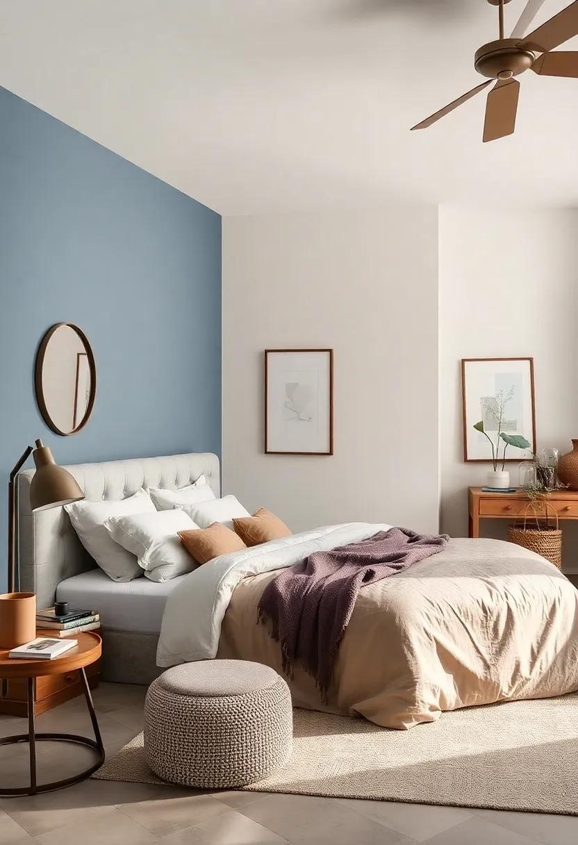 Faded Denim and Soft Taupe: ‍Create a soft contrast with faded denim blue and gentle taupe for a relaxed and cozy bedroom atmosphere