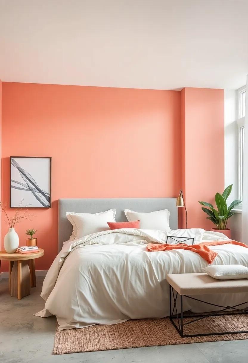 light Coral and Misty Gray: Light coral walls paired with misty gray ‍linens result in a soothing environment that feels both vibrant and sophisticated