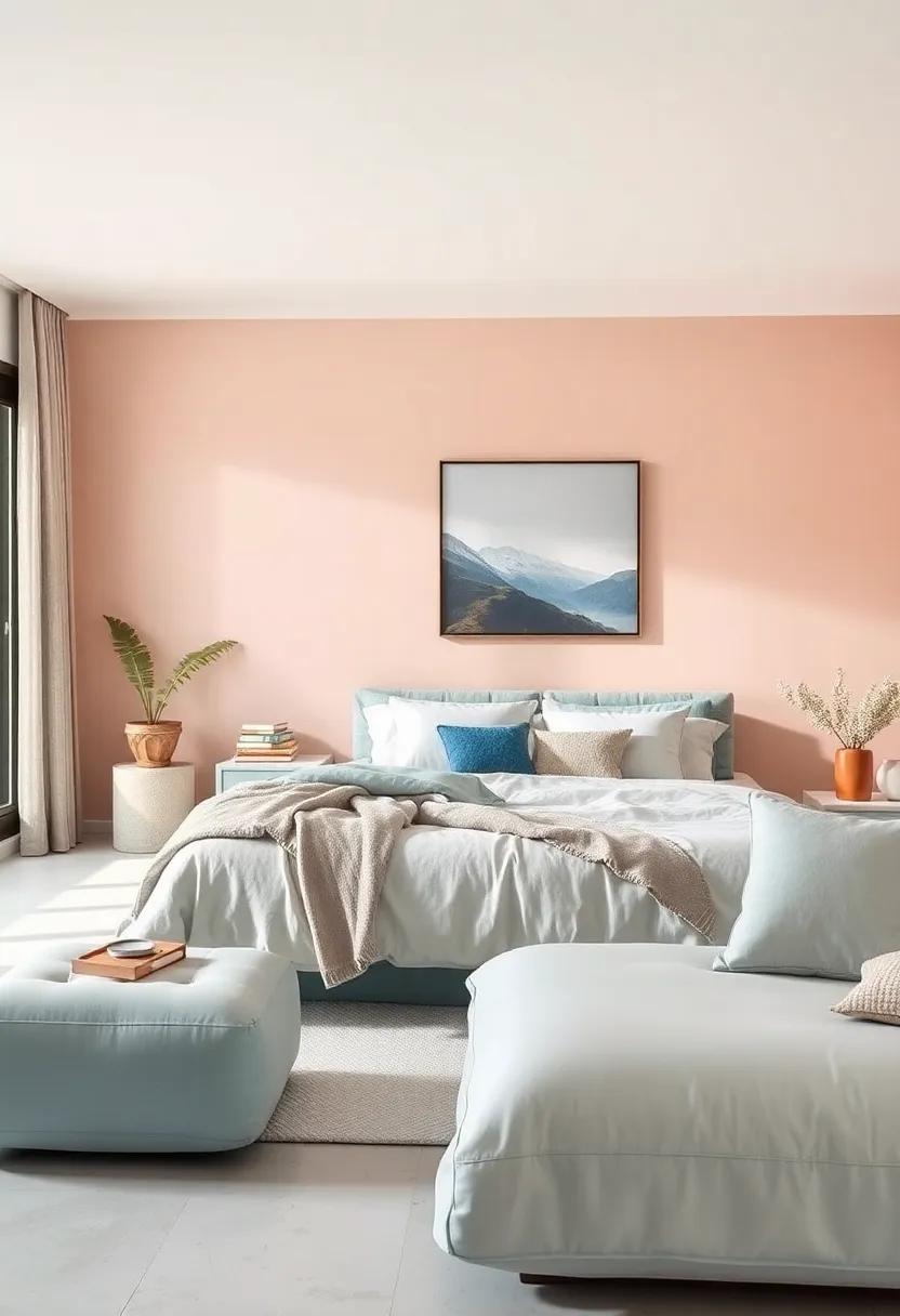 Pale Peach and ​dusty Blue: Discover a sweet and serene combination with pale peach walls and dusty blue accents for a gentle touch
