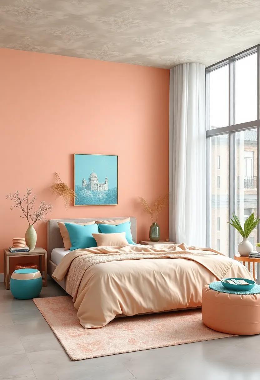 Soft Peach and Aqua: this invigorating combination brings together soft peach with aqua‌ accents for an uplifting ambiance that feels refreshing