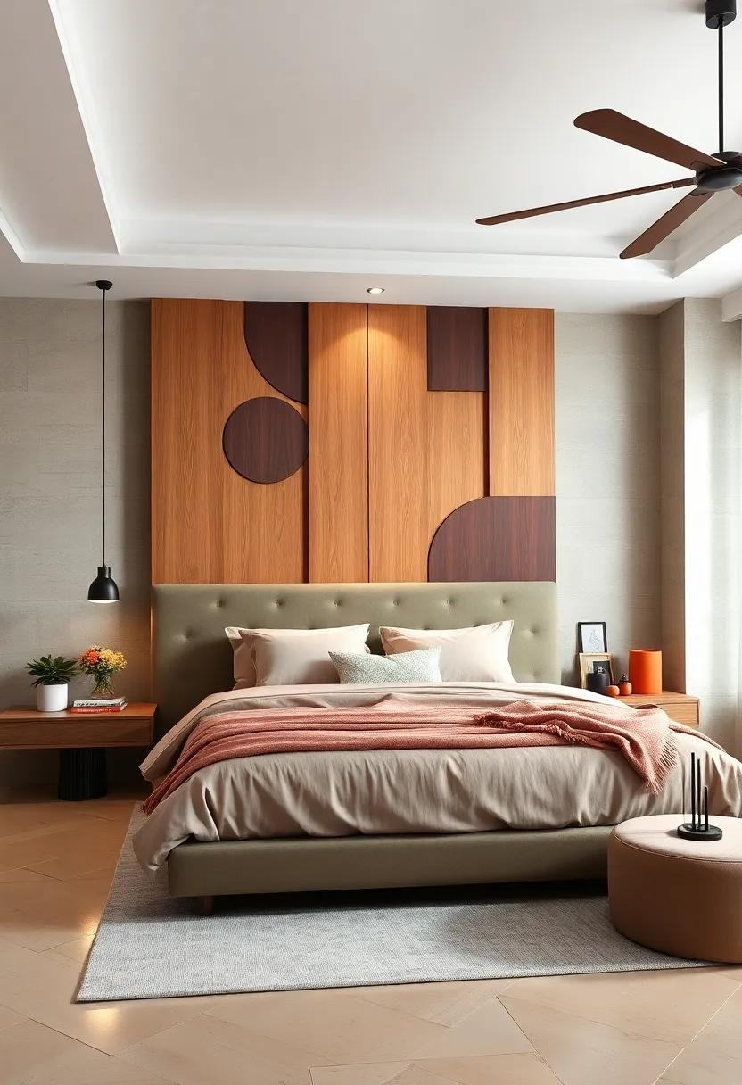 Artistic Panels:⁣ Overlapping wooden panels in varying sizes create a striking headboard that plays with light and shadow