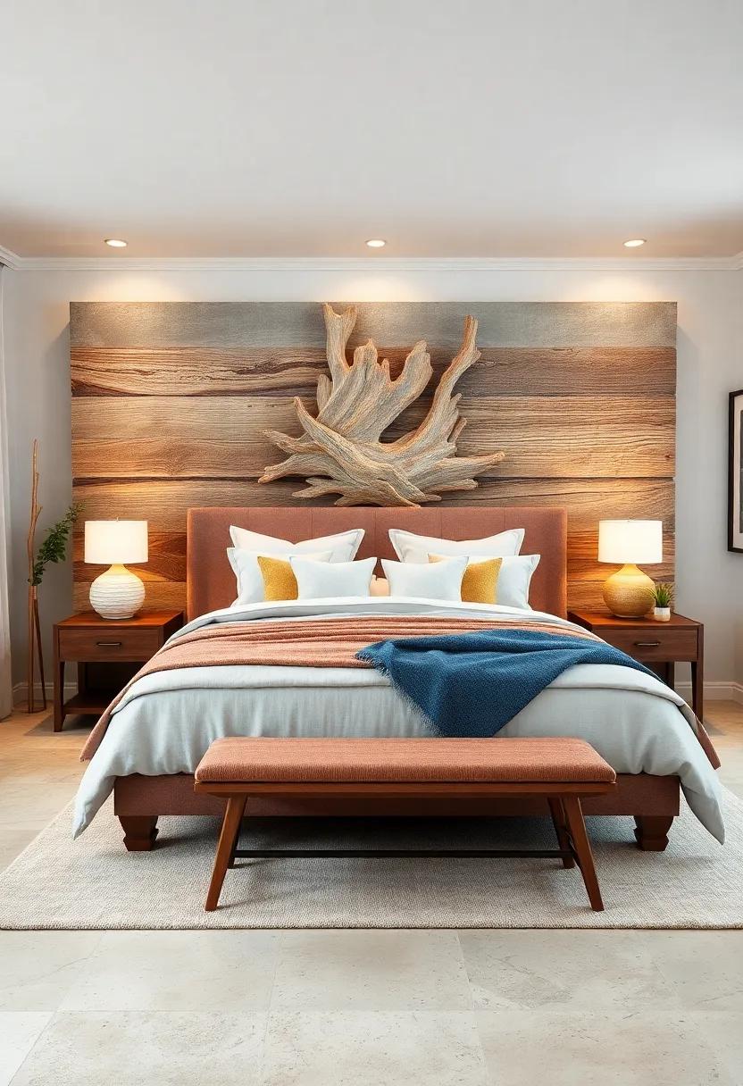 Coastal Calm: A driftwood-inspired headboard evokes a beachy vibe, paired beautifully with ocean⁢ hues ‍for a relaxing retreat
