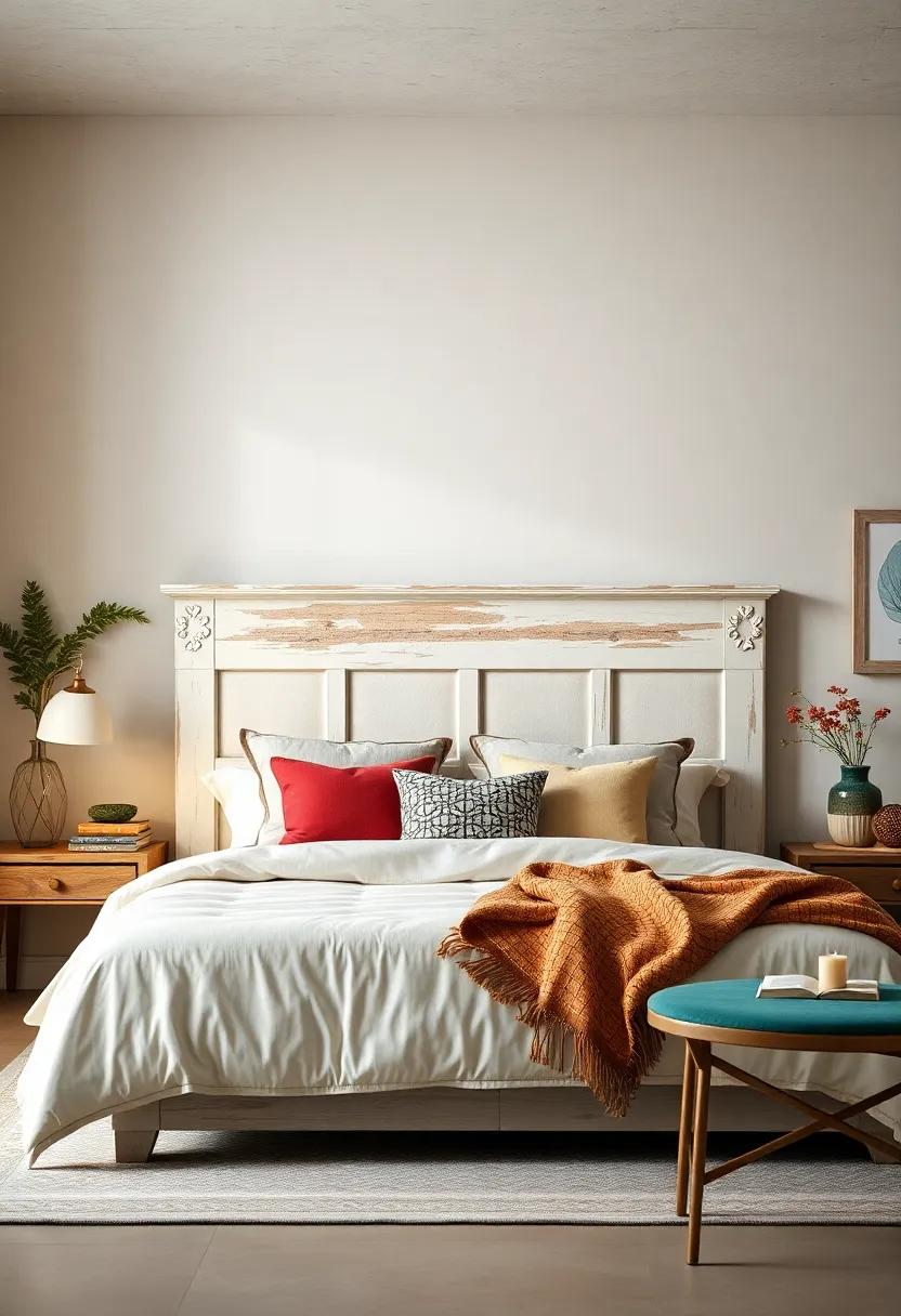 Country Cottage: A⁢ painted⁢ farmhouse-style headboard with shabby chic charm creates a warm and inviting bedroom atmosphere