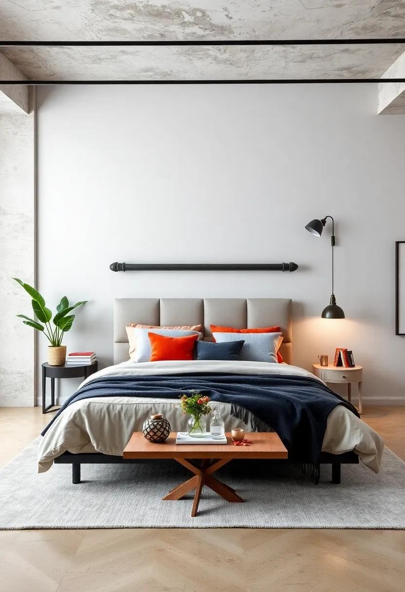Industrial Edge: ‌A‌ metal pipe headboard‌ brings ‌an urban feel to the space, perfect for loft-style living with an edgy twist